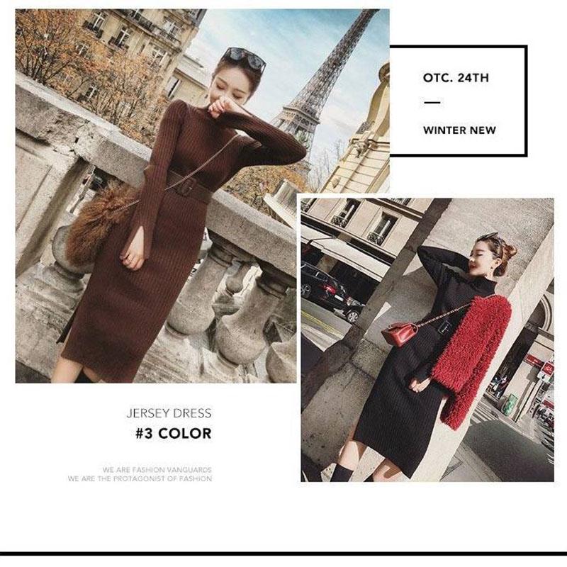 Winter Sexy female Sweater Dress Slim Fit Wrap Hip Turtle Neck Women Winter Sweater Long High Split