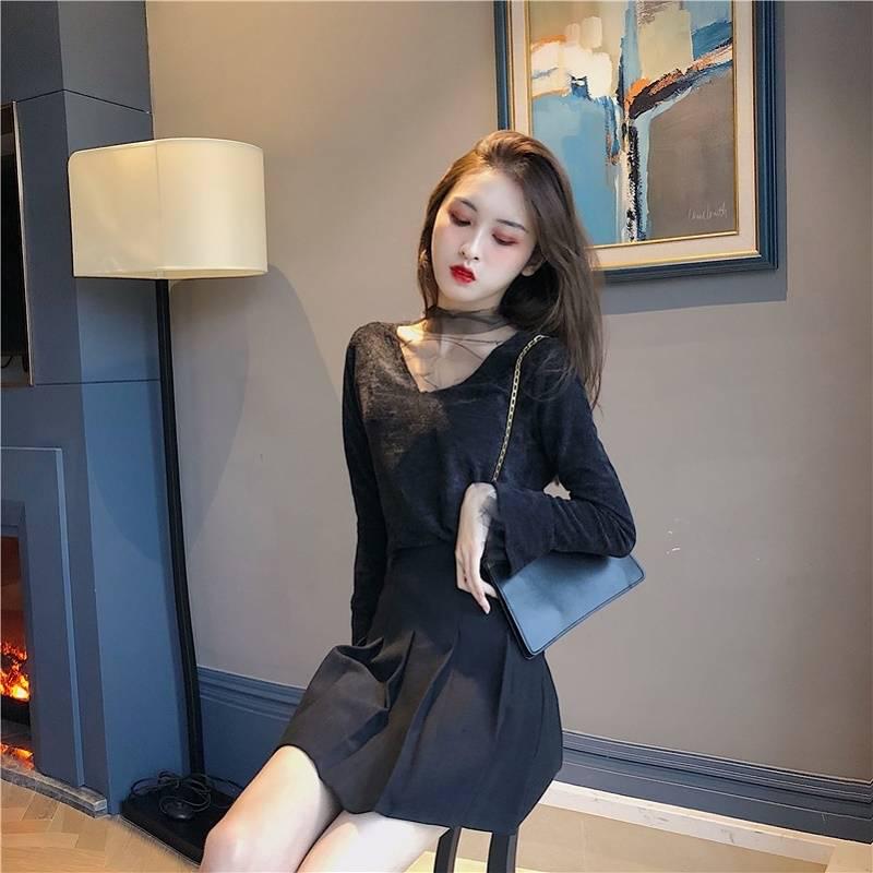 Pofulove Autumn and Winter Retro Chic Wild Stand-up Collar Net Gauze Style Slim Sexy Jacket Women