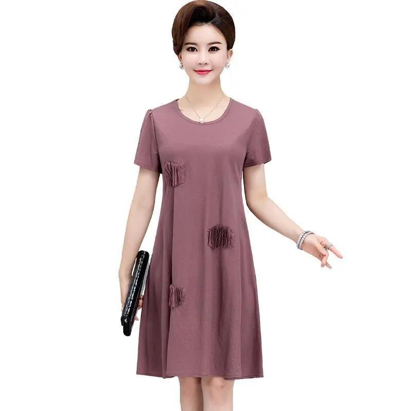 Large Size Loose Simple Style Women's Summer Dress Short Sleeve Round Neck Solid Color Knee-length Daily Wear