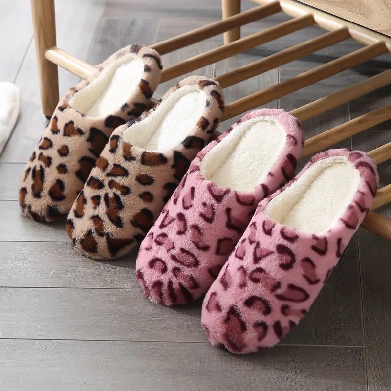 Women Autumn Winter Indoor Slippers Warm Plush Home Leopard Print Slipper Female Household Flat Floor Soft Slient Slippers for Bedroom