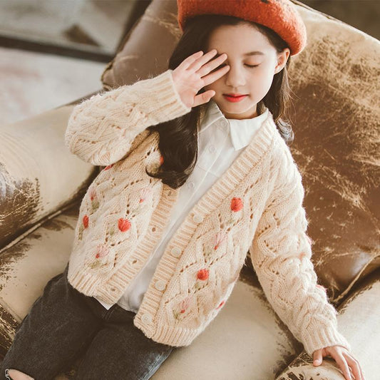 Fashion Long Sleeve Knit Cardigan Spring Slim V-neck Older Children Sweater Jacket