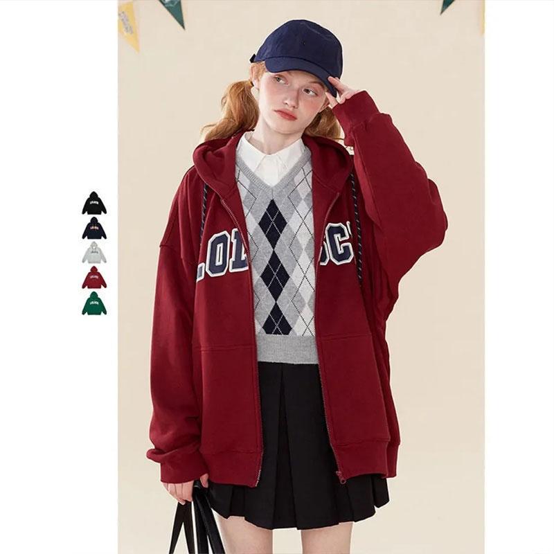 Retro Sweater Jacket Women's Autumn Hooded Street Loose Zipper Cardigan Girls Casual Sports Jacket Tops