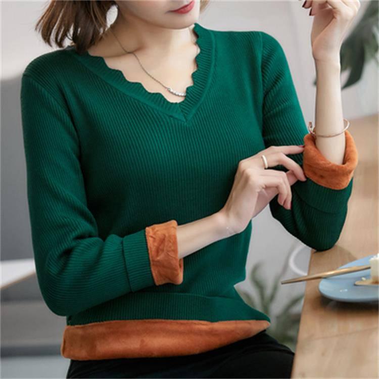 Pofulove Autumn Winter Plus Velvet Sweater Women V-neck Hedging Thick Low-neck Knitted Bottom Shirt