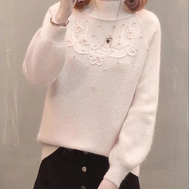 Women Half Turtleneck Short Pearl Pullover Sweater Office Loose Thin Soft Bottoming Shirt
