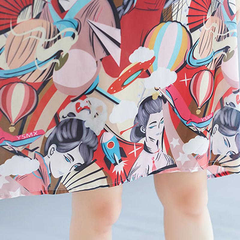 Large Size Women's Dress Loose and Thin Printing Retro Ethnic Style Women's Round Neck Short Sleeve Loose Mid-length Skirt Light and Breathable Fabric