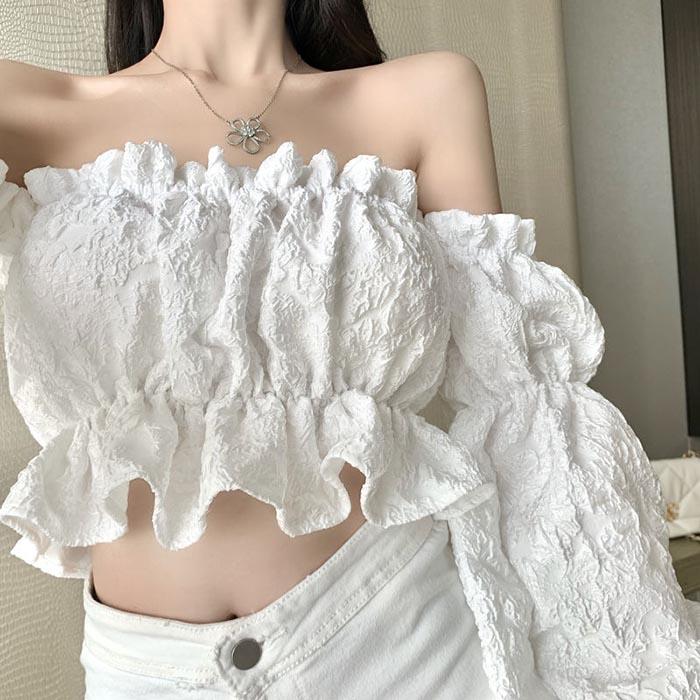 Lantern Sleeve Summer Shirt One-Shoulder Top Jacquard Slim Short Sexy T-Shirt Shirts
