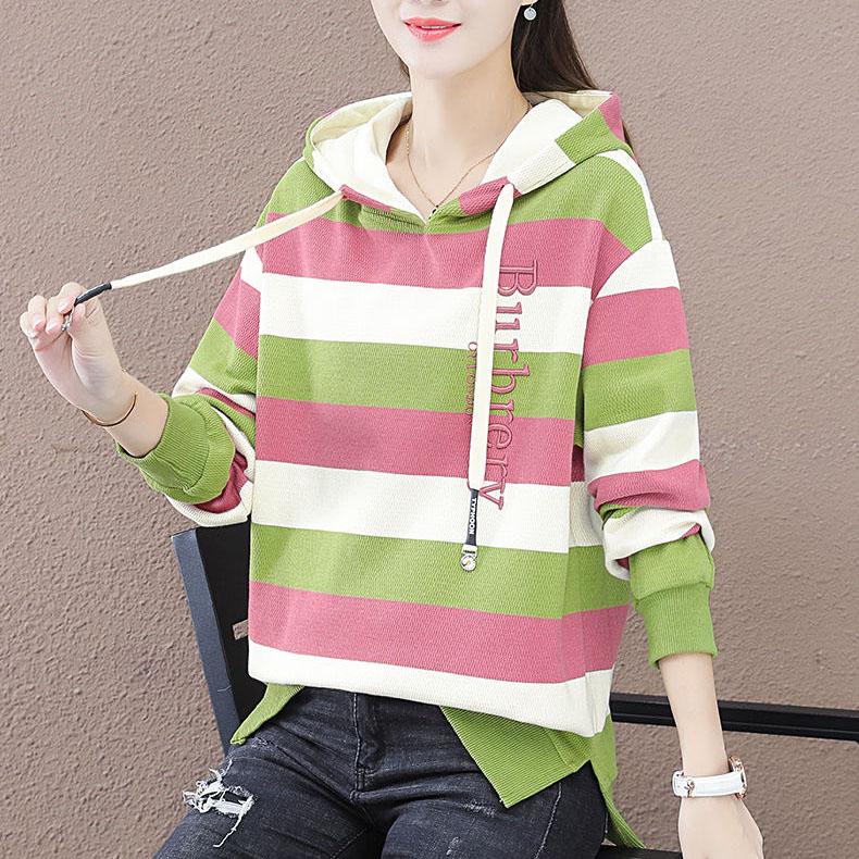 Women's Large Size Striped Hoodies Spring and Autumn Cotton Loose Coat Slim Versatile Long Sleeve Tops