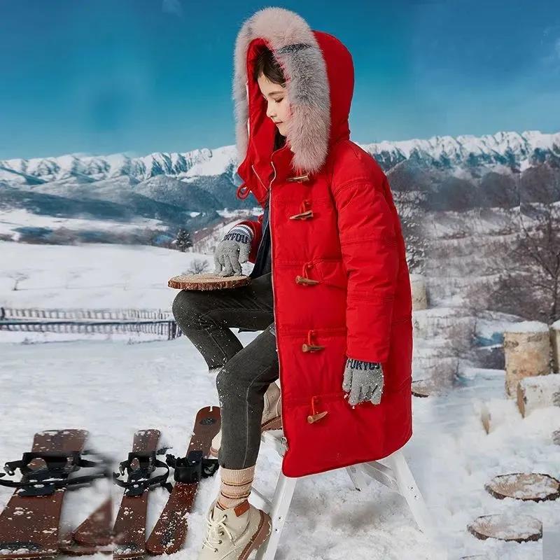 Children's White Duck Down Jacket Girl Mid-length Warm Winter Clothes Plus Fleece Padded Jacket