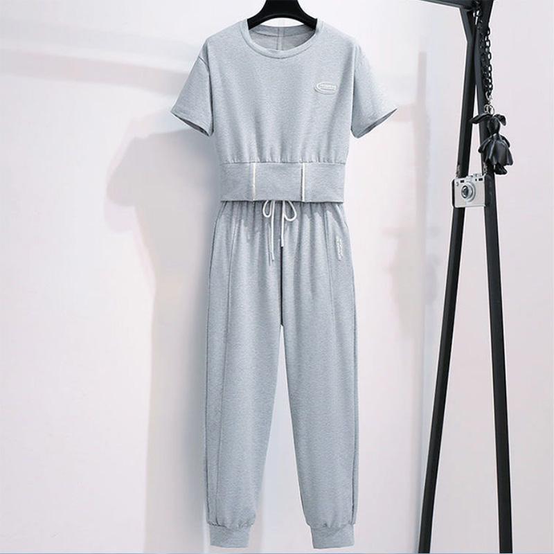 Sports Suit Women's Summer Casual Solid Color Short-sleeved Short Loose T-shirt Waist Nine-point Pants Two-piece Set