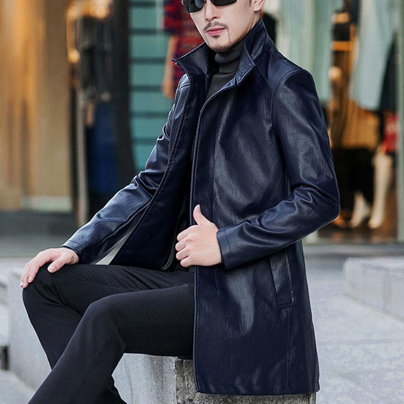 Men's Business Leather Jacket Mid-length Coat Windbreaker Jacket Men European and American Casual Winter Men