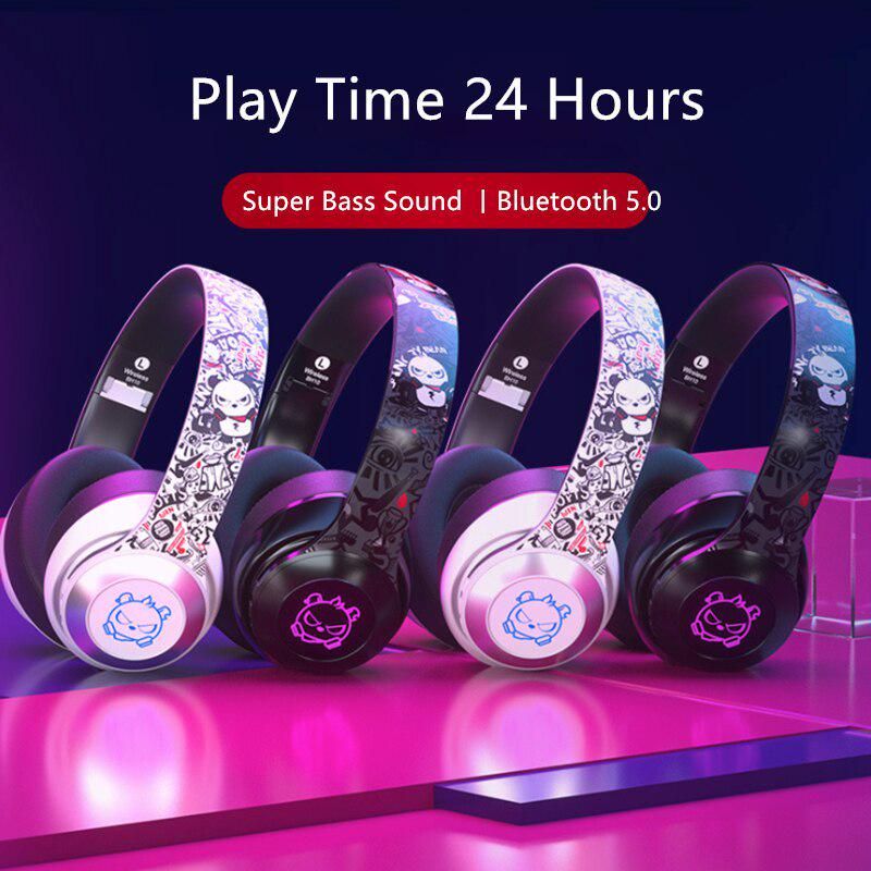 Angry Bear LED Lights Earphone Portable Folding Wireless Bluetooth Headphones with MIC Mp3 Player