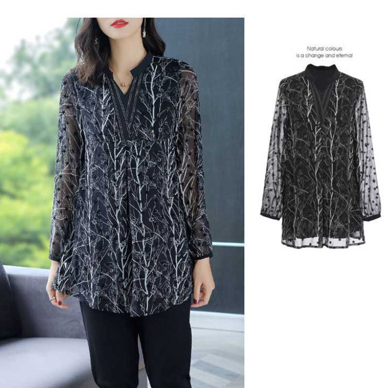 Large Size Chiffon Shirt Fashion Women's Spring and Autumn Style Plus Fertilizer To Increase Long-sleeved Stand-up Collar Loose Shirt