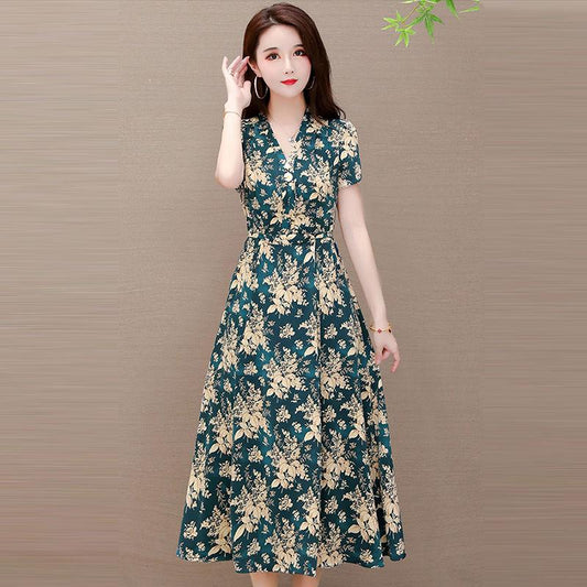 Women's Mid-length Dress Summer Loose Large Size Short-sleeved Floral Long Skirt A-line Version Type Waist Thin Elegant Temperament Dress