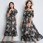 Fashion Boho Off Shoulder Floral Ruffle Hem Belted Summer Long Dress A Line Party Elegant Dresses
