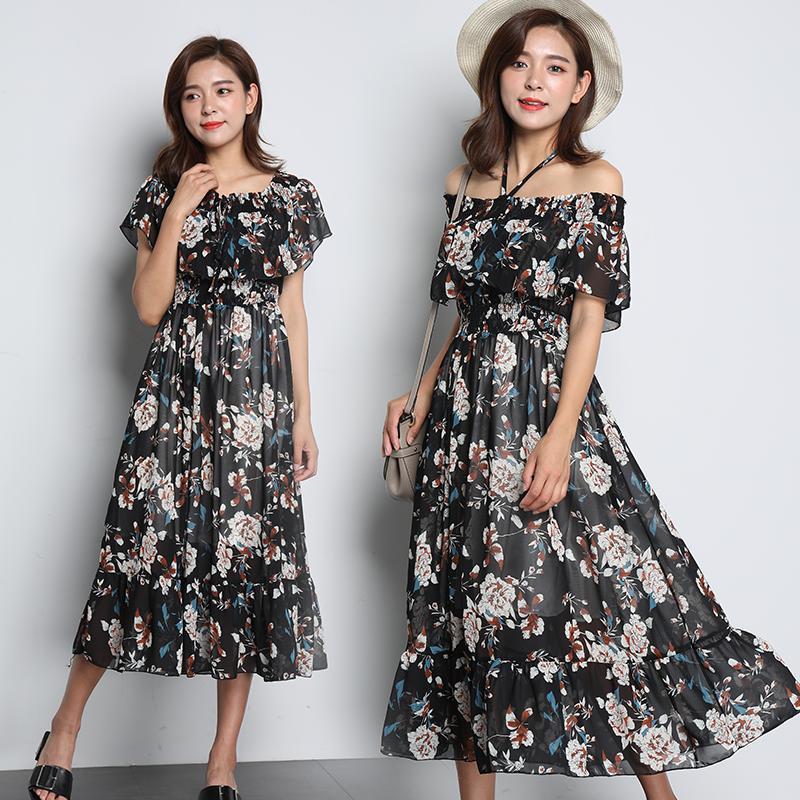 Fashion Boho Off Shoulder Floral Ruffle Hem Belted Summer Long Dress A Line Party Elegant Dresses