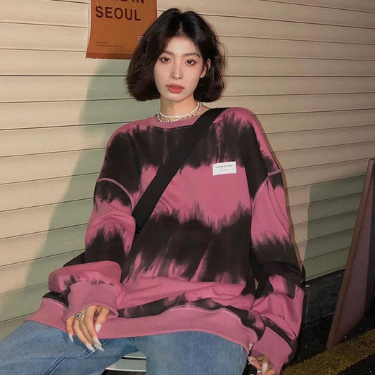 Women's Spring Tie Dye Round Neck Sweater Lazy Striped Ins Jacket Top Ladies Casual Loose Pullover Long Sleeve Shirt Top