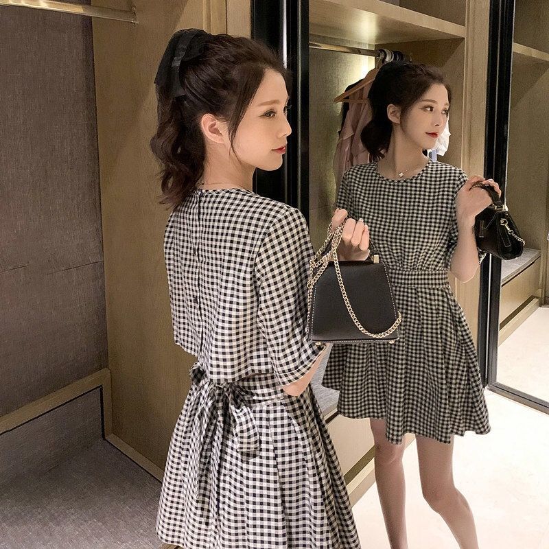 Female Casual Lace Up Slim Back Open Waist Plaid Elegant Party Dress Round Neck Waist Short Club Dress