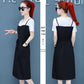 Simple Mid-length Dress Female Temperament Small Fresh Waist-covered A-line Skirt Round Neck Short-sleeved Stitching Dress Adjustable Waist