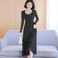 Spring and Summer Mesh Dress Women's Long-sleeved Long Section Slim Temperament Long Rectangular Neckline Printed Skirt