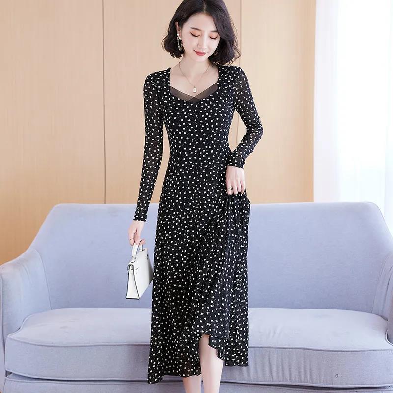Spring and Summer Mesh Dress Women's Long-sleeved Long Section Slim Temperament Long Rectangular Neckline Printed Skirt