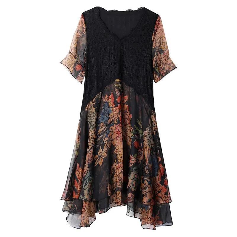 Large Size L-XXXXXL Women's Summer Dress Chiffon Veil Printing Above Knee V-neck Ruffle
