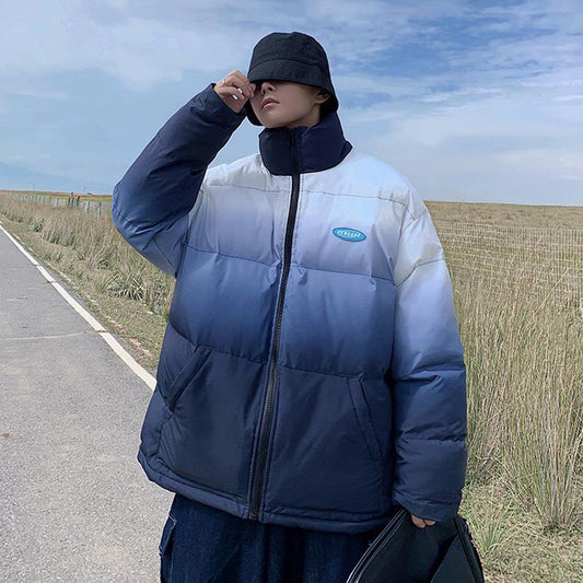 Gradient Color Winter Coat Men's Thick Cotton Coat Jacket Korean Version of The Trend Short Stand Collar Ins Hong Kong Style Jacket