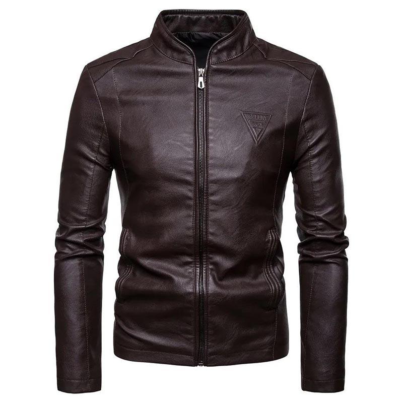 Men's Slim Stand Collar Leather Top Casual Waterproof Leather Jacket