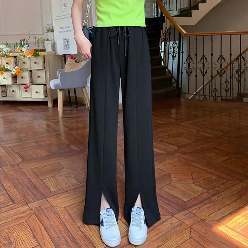 Ice Silk Front Slit Casual Pants Women's Drape High Elastic Waist Wide Leg Pants Straight Loose Long Trousers
