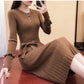 Autum Winter  Women's Long Sweater Dress Over The Knees Long-sleeved Round Neck Knit Sweater Dress