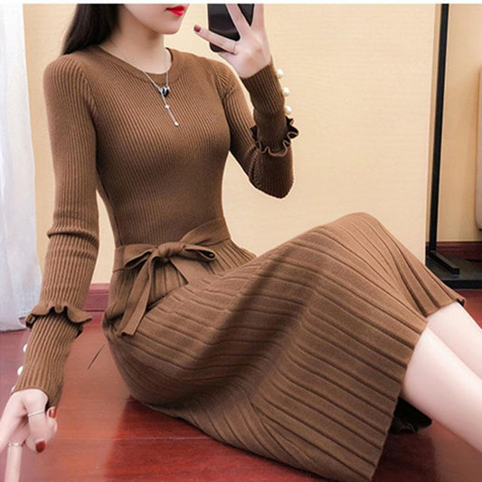 Autum Winter Women's Long Sweater Dress Over The Knees Long-sleeved Round Neck Knit Sweater Dress