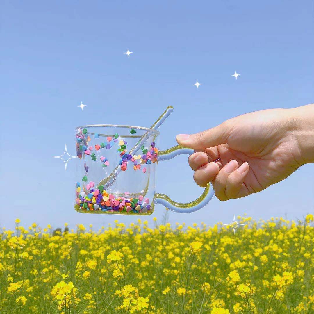 Ins Cute Girl Glass Flowing Love Bobo Cup Quicksand Cup Double Cup Water Cup Creative Gift Cup