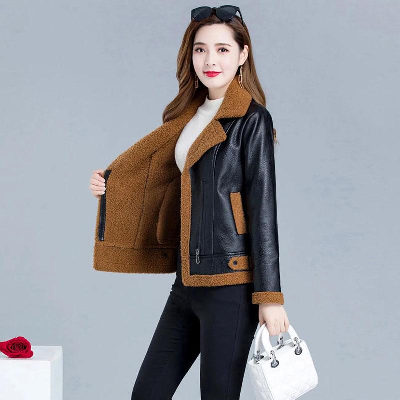 Winter Women's Leather Fashion Fur Coat Lamb Fur Coat Plus Velvet Thick Short Large Size Leather Coat