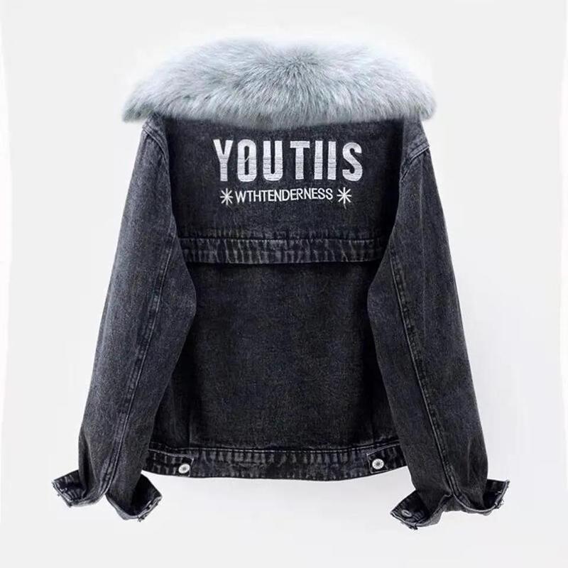 Hooded Denim Jacket Women Plus Velvet Loose Lamb Velvet Jacket Warm All-match Short Cotton Jacket Comfortable and Warm Women's Jacket