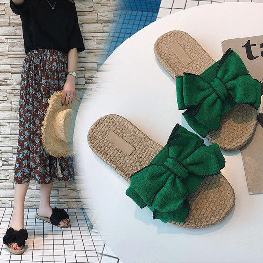 2020 Casual Sneakers for Home Slippers Summer Bow-knot Soft Floor Woman Indoor Flats Shoes Cute Linen Slipper