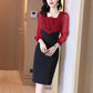 Women's Summer Long-sleeved Dress Stitching Slim Square Neck A-line Hip Skirt