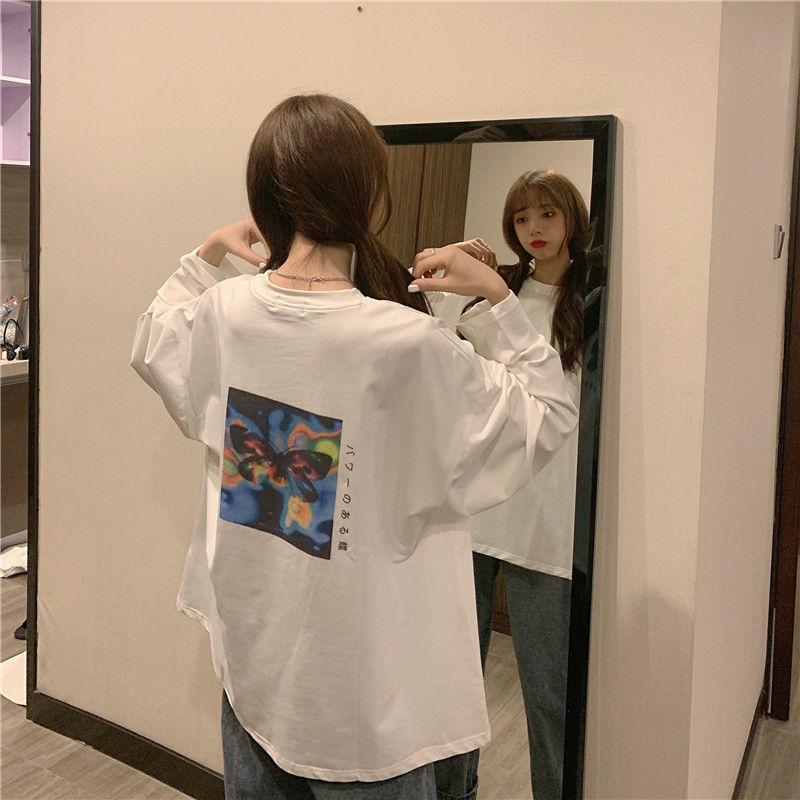 Women's Summer Tshirt Butterfly Print T-shirt Casual Loose Fall Long Sleeve Tee Top Pullover