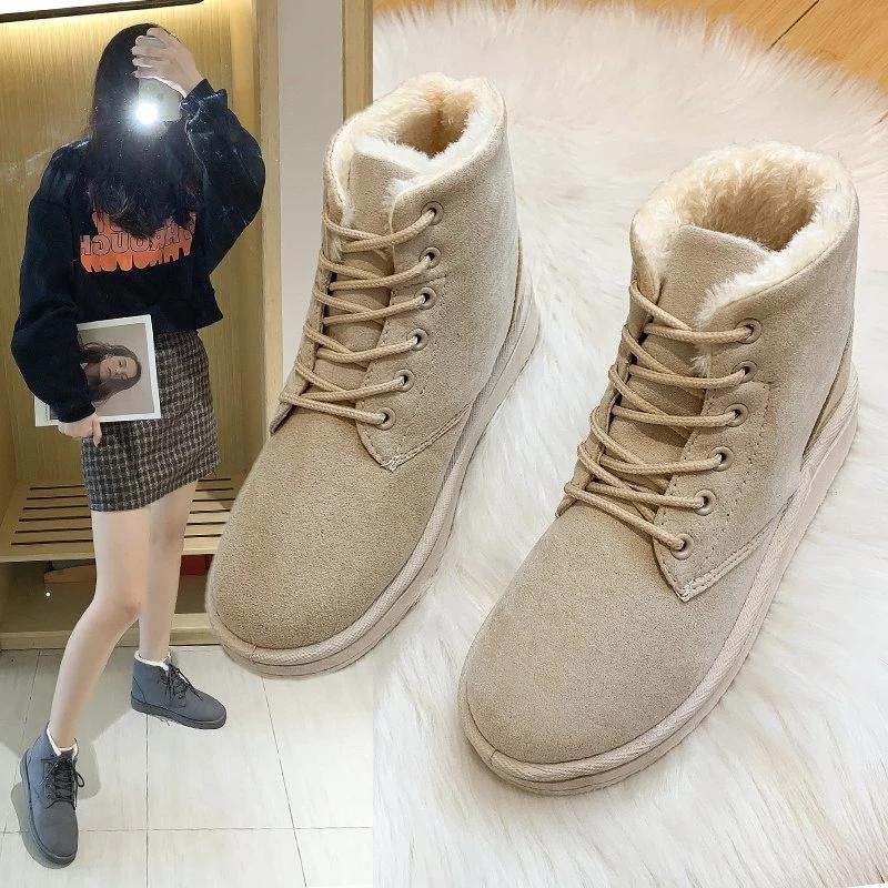 Winter Boots Black Grey Red Shoes for Women Ankle Boots Lace Up Warm Fur Snow Boots Faux Suede Booties Woman Flat Shoes