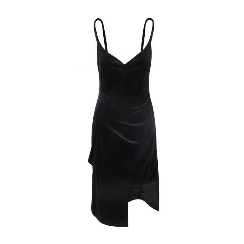 Black Sling Dress Women's High Slit Gold Velvet Sling Bottoming Skirt Spring Autumn Short Skirt