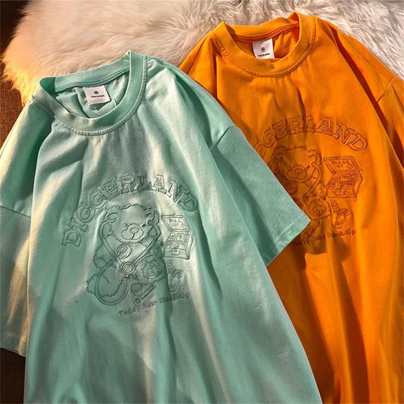 Women Round Collar Summer Cartoon Embroidery Loose Short Sleeve Casual Simple All-match T-Shirt