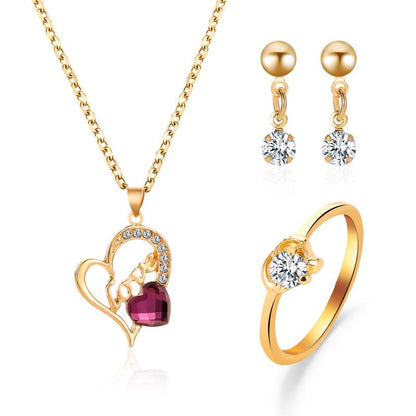 Set of Jewelry Jewelry Love Heart Necklace Earrings Ring Fashion Three-piece