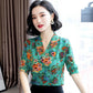 V-neck Shirt Women's Short-sleeved Summer Print Slim Shirt Loose Satin Shirt Temperament Elegant Suit with Shirt Inside