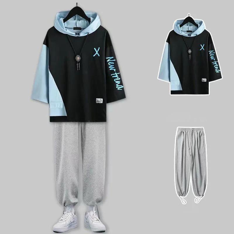 Summer Short-sleeved Suit Male Student Korean Version Trend Loose Hooded Three-quarter Sleeve Top Hong Kong Style Sports Pants Two-piece Set