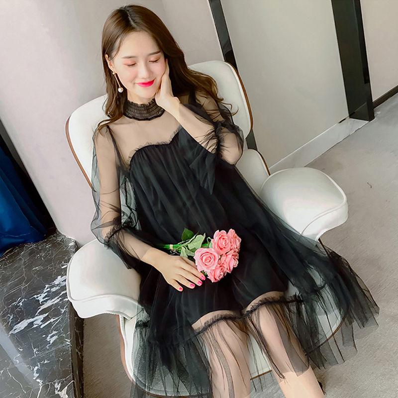 Plus Size Slim Skirt Woman Wild Mid-length Dress Long-sleeved Mesh Dress Spring and Autumn