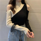 Fashion Design Contrast Sweater Strapless Sexy Long-sleeved Sweater Women's Half High Neck Bottoming Top