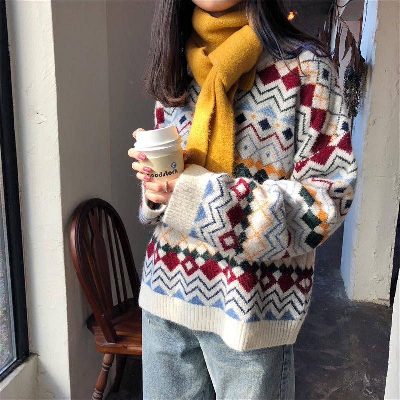 Winter College Wild Sweater O- Neck Loose Printed Harajuku Style Knitted Pullover Sweater Women