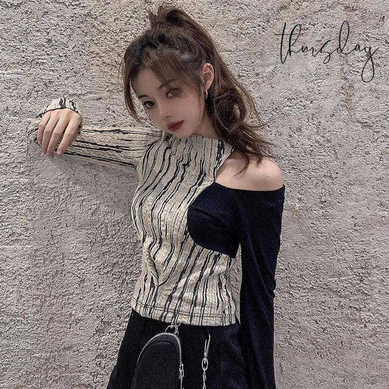 Women's Spring Autumn Long Sleeve Top Sexy V-Neck Slim Striped T-Shirt
