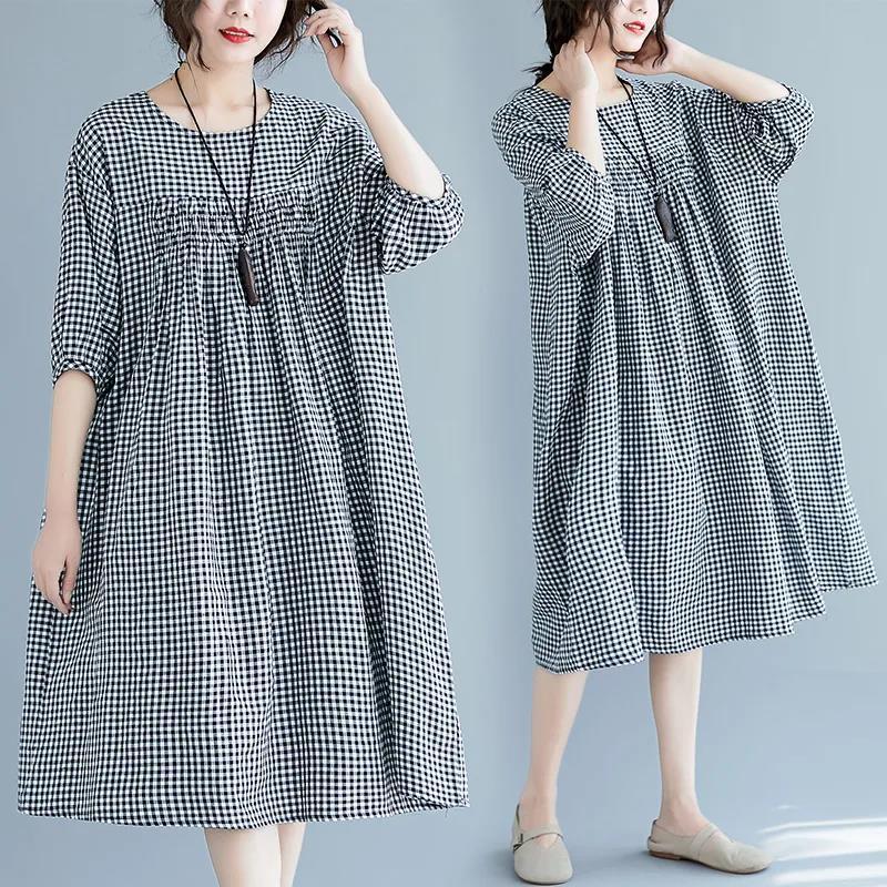 WTEMPO Plus Size Ladies Dress Summer 1/2 Sleeve Round Neck Long Dress Casual Mid-calf Length Plaid Dress