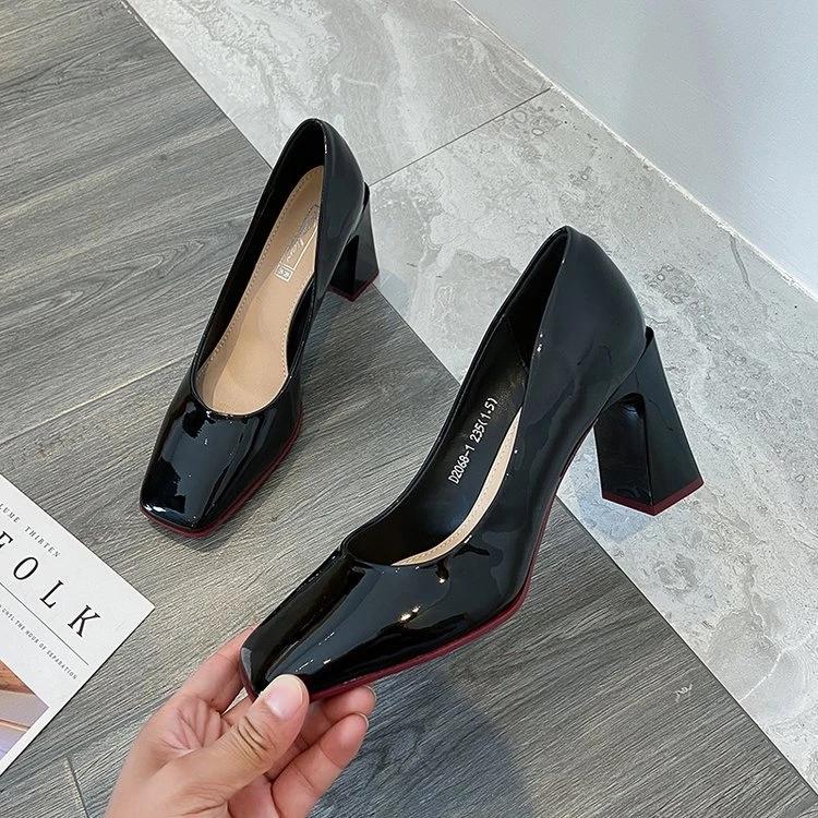 High Heels for Women Square Heel Patent Leather Pumps Square Toe Fashion Luxury Wedding Shoes Lady Office Work Shoes