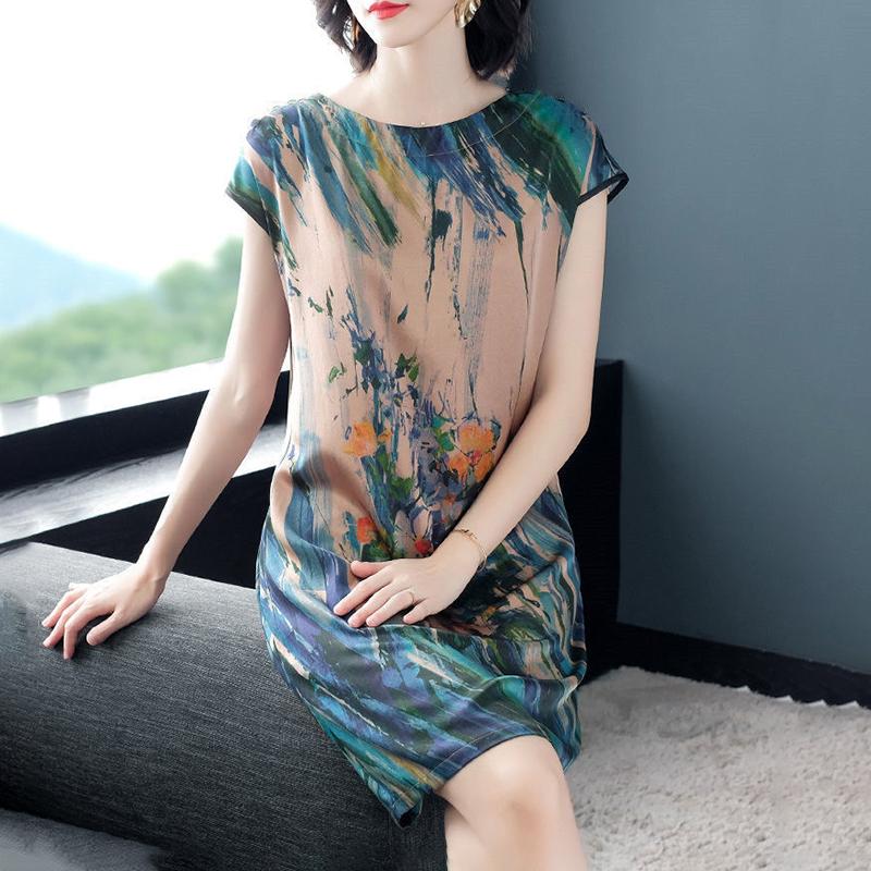 Loose Fat Dress Women's Straight Mid-length Skirt Is Thinner Round Neck Short Sleeve Printed Dress Fabric Is Smooth and Soft