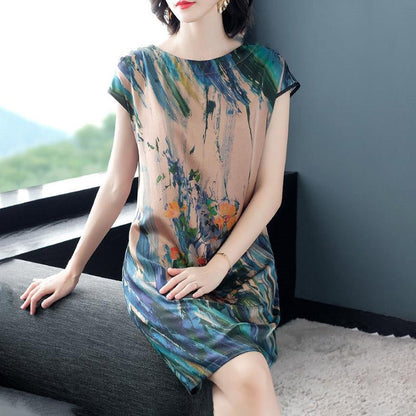 Loose Fat Dress Women's Straight Mid-length Skirt Is Thinner Round Neck Short Sleeve Printed Dress Fabric Is Smooth and Soft